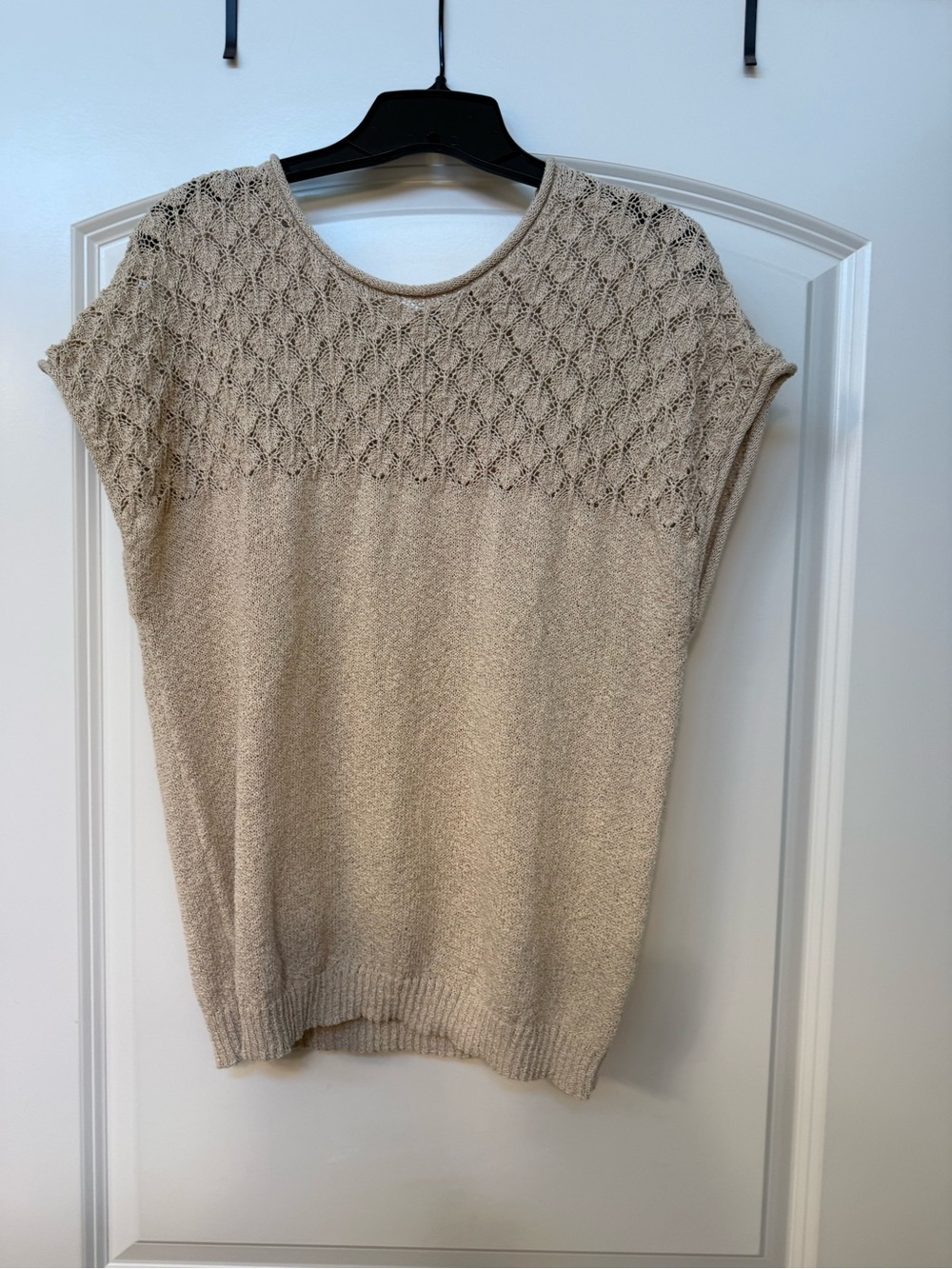 Blu Pepper Neutral Beige Crochet Yoke Short Sleeve Sweater